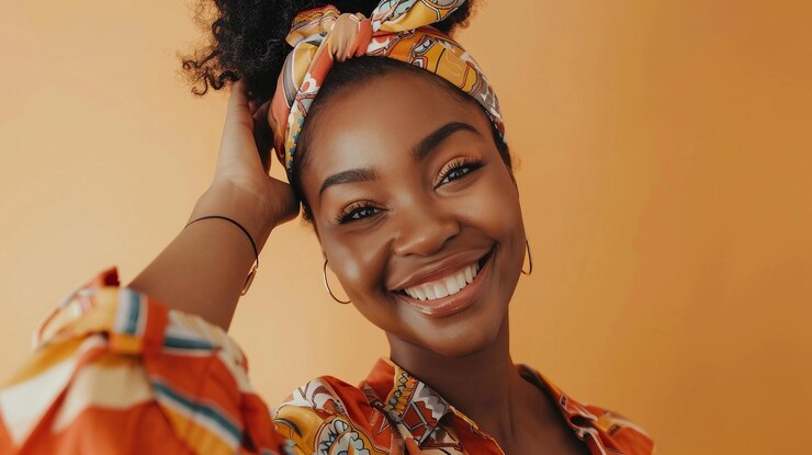 Una mujer sonriente con un pañuelo en la cabeza