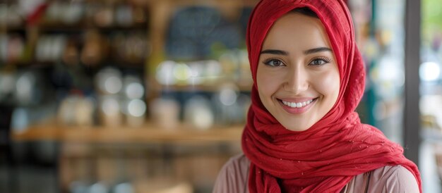 Mujer sonriente con pañuelo rojo