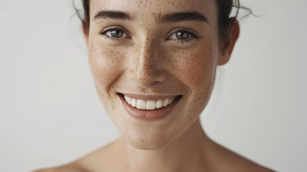 Foto una mujer sonriente con pecas disfrutando de una mirada fresca irradiando una vibrante presencia alegre