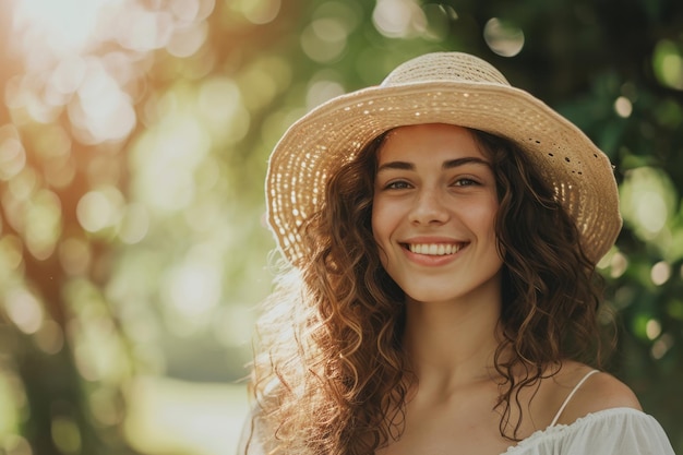 Mujer sonriente con el pelo rizado con un sombrero de paja en el jardín iluminado por el sol