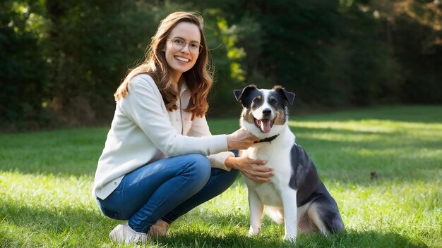 Una mujer sonriente y un perro.