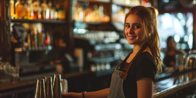 La mujer sonriente de pie en el bar.