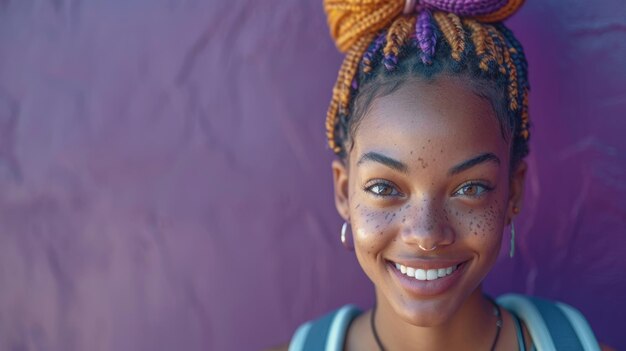 Mujer sonriente con una pieza de cabello de colores