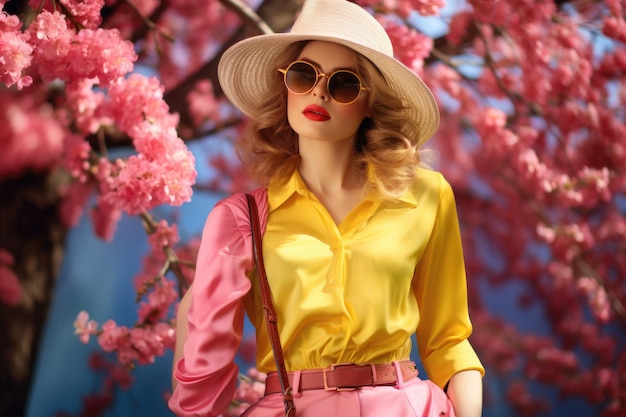 Foto mujer sonriente posa cerca de los árboles de flores rosadas