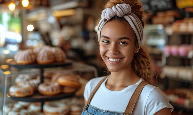 Mujer sonriente posando en una tienda de rosquillas mirando a la cámara