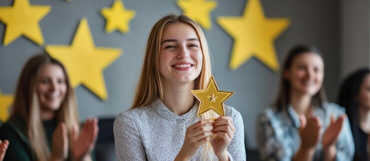 Mujer sonriente con un premio de la Estrella de Oro