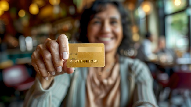 Mujer sonriente presentando una tarjeta de crédito de oro en un café Retrato de estilo de vida casual centrado en la flexibilidad de gasto y la libertad financiera Consumerismo conceptual filmado por IA