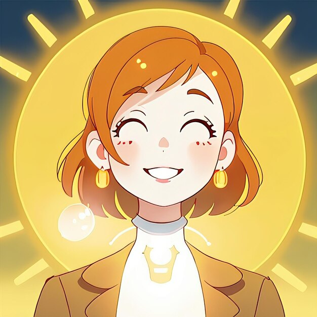 Mujer sonriente que brilla con energía positiva y creatividad ilustración de estilo anime sencilla y linda