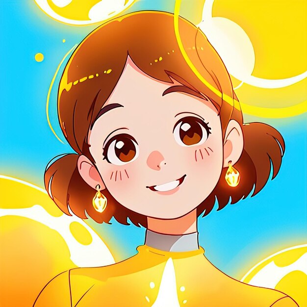 Mujer sonriente que brilla con energía positiva y creatividad ilustración de estilo anime sencilla y linda