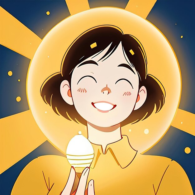 Mujer sonriente que brilla con energía positiva y creatividad ilustración de estilo anime sencilla y linda