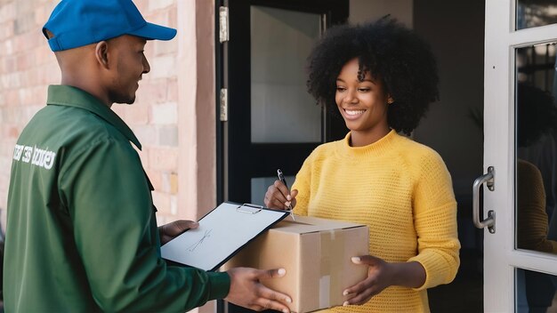 Mujer sonriente recibiendo una caja de paquetes del repartidor