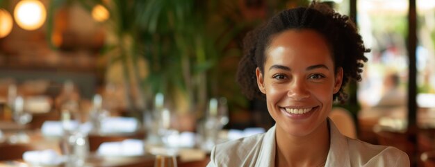 Mujer sonriente en un restaurante