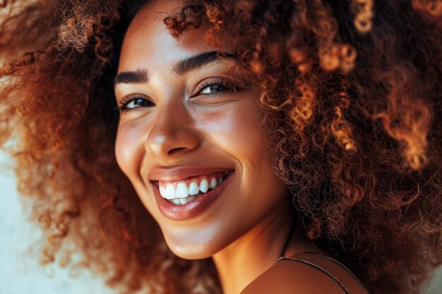 Mujer sonriente con rizos afro en un retrato de moda