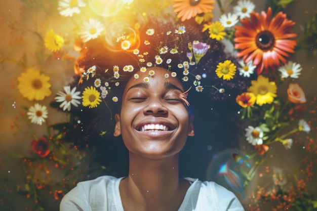 Mujer sonriente rodeada de flores IA generativa