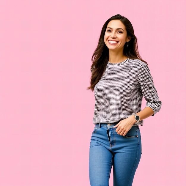 Mujer sonriente con ropa casual con fondo rosado