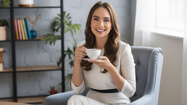 Una mujer sonriente con ropa elegante y a la moda está sentada en un sillón con una taza de té