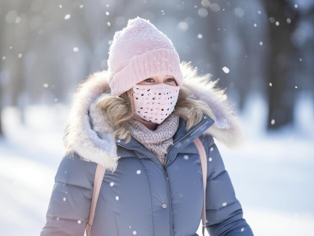 Mujer sonriente con ropa de invierno jugando en la nieve