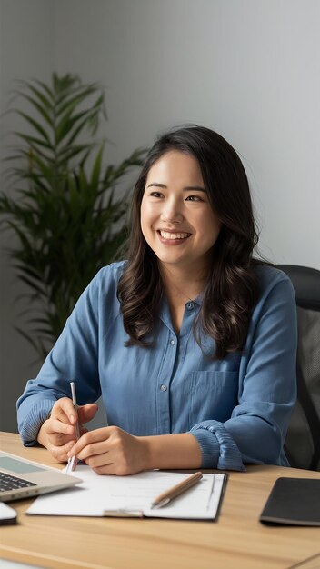 Mujer sonriente sentada en el escritorio