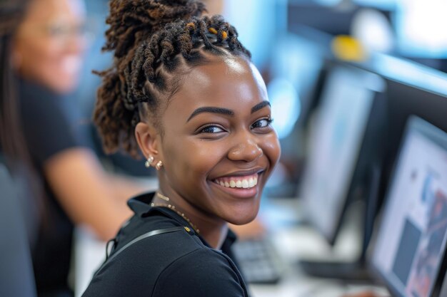 Mujer sonriente sentada frente a la computadora