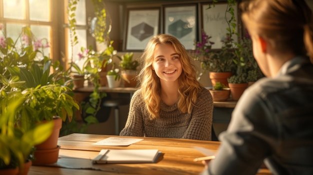 Una mujer sonriente sentada en una mesa y hablando con otra persona