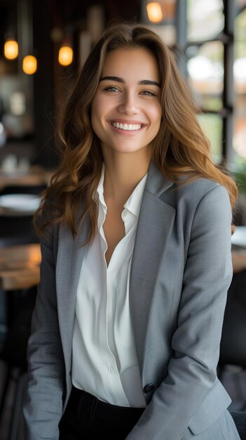 Foto mujer sonriente sentada a la mesa