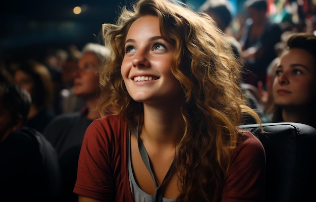 Una mujer sonriente sentada en una multitud de personas