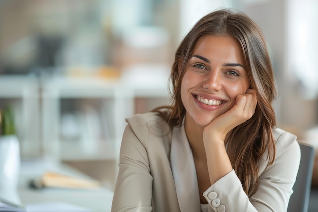 Mujer sonriente sentada en su escritorio en la oficina mujer de negocios feliz sentada en la oficina