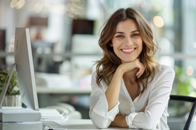 Mujer sonriente sentada en su escritorio en la oficina mujer de negocios feliz sentada en la oficina