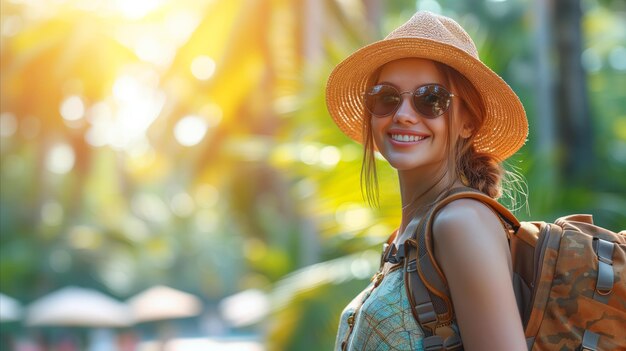 Mujer sonriente con sombrero y gafas de sol