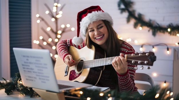 Foto mujer sonriente con sombrero de papá noel tocando la guitarra frente a la computadora portátil