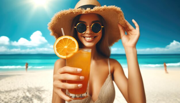 Una mujer sonriente con sombrero de sol y gafas de sol disfruta de un refrescante cóctel de naranja en una pintoresca playa tropical con aguas cristalinas