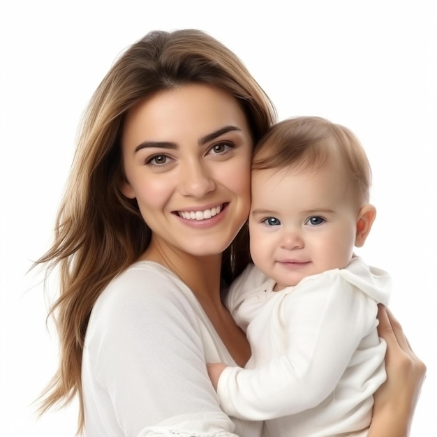 Mujer sonriente sosteniendo a un bebé en brazos y sonriendo a la cámara