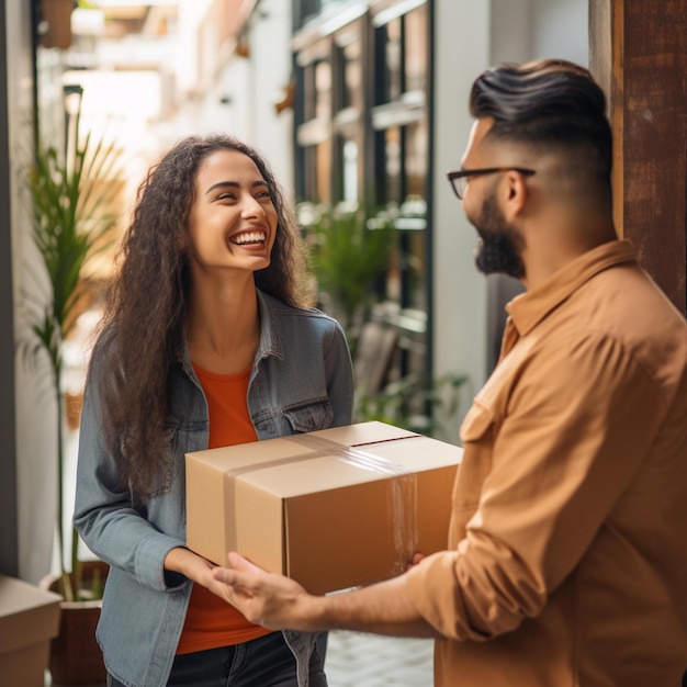 Mujer sonriente sosteniendo una caja y un hombre de pie junto a ella