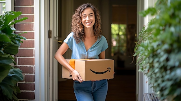 Mujer sonriente sosteniendo una caja de paquetes de cartón Amazon Prime Black Friday