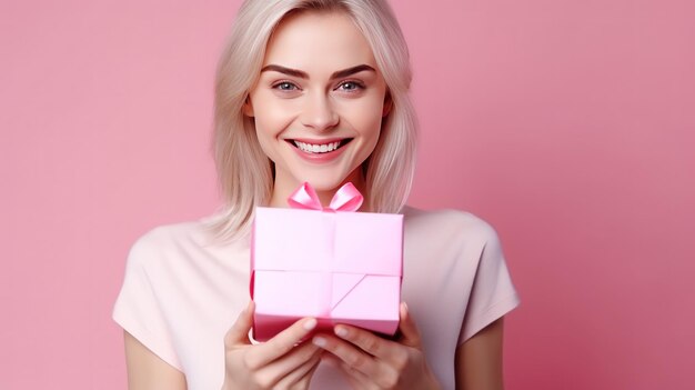 Mujer sonriente sosteniendo una caja de regalo en forma de corazón Concepto de regalo para el Día de San Valentín IA generativa