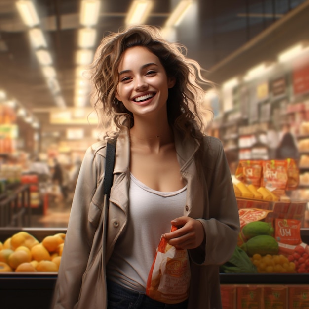 Mujer sonriente sosteniendo frutas saludables en el supermercado