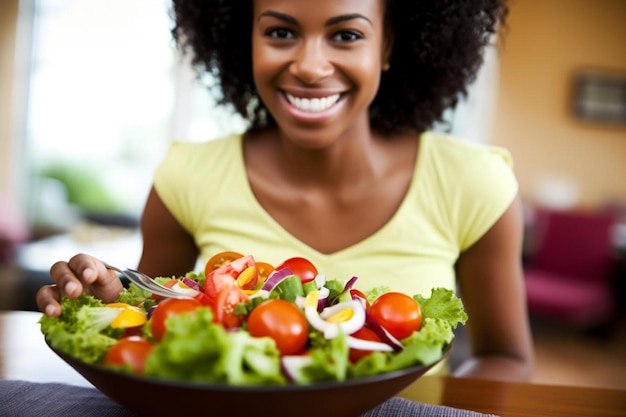 una mujer sonriente sosteniendo un plato de ensalada