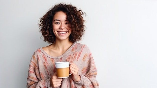 una mujer sonriente sosteniendo una taza de café con un patrón floral