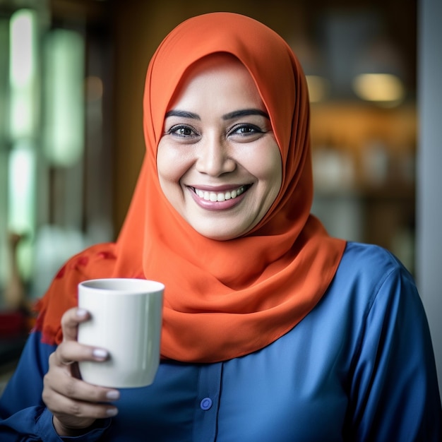Una mujer sonriente sosteniendo una taza de café.