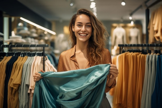 Mujer sonriente sosteniendo tela Colección de tiendas Generar Ai