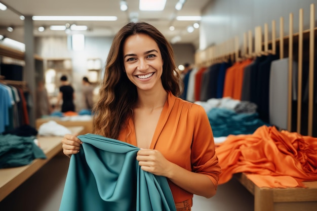 Mujer sonriente sosteniendo tienda de telas Moda Generar Ai