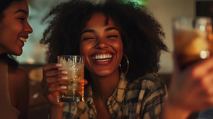 mujer sonriente sosteniendo un vaso de cerveza y riendo con otra mujer