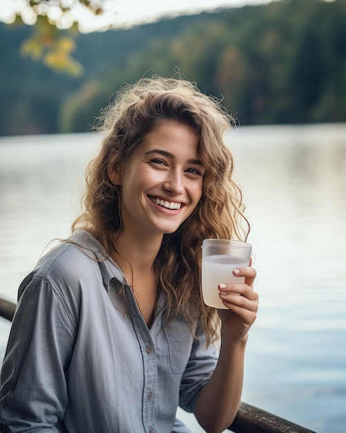 Una mujer sonriente sosteniendo un vaso lleno de agua.