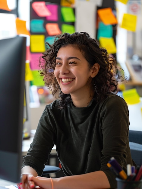 Mujer sonriente en su lugar de trabajo trabajando duro en la oficina en su escritorio atmósfera de trabajo agradable
