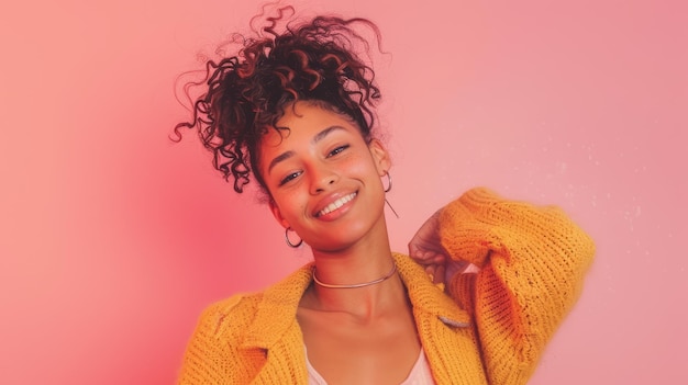 Mujer sonriente con suéter amarillo sobre fondo rosa