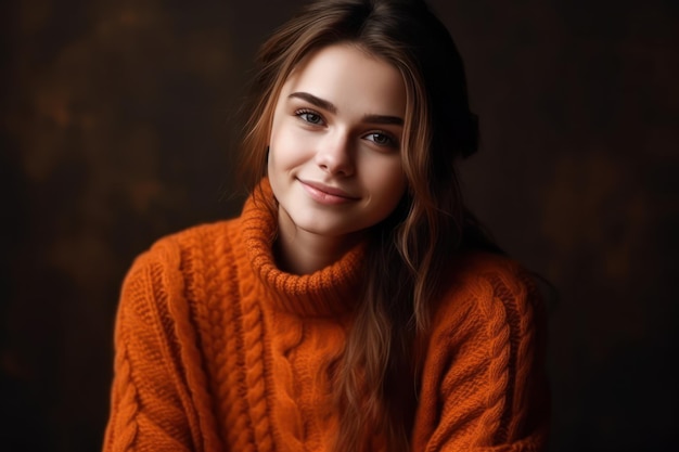 Mujer sonriente en suéter de punto de invierno ropa de abrigo casual naranja