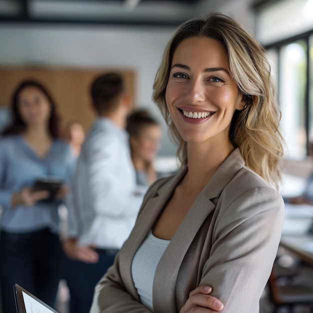 Mujer sonriente con tableta en la reunión del equipo líder de negocios