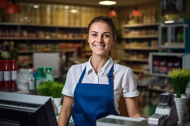 una mujer sonriente en una tienda con un cartel que dice "es una cliente feliz".