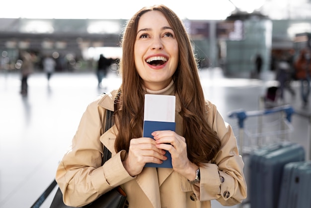 Mujer sonriente de tiro medio con pasaporte