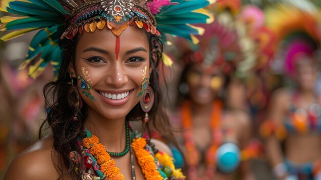 Mujer sonriente con tocado de colores